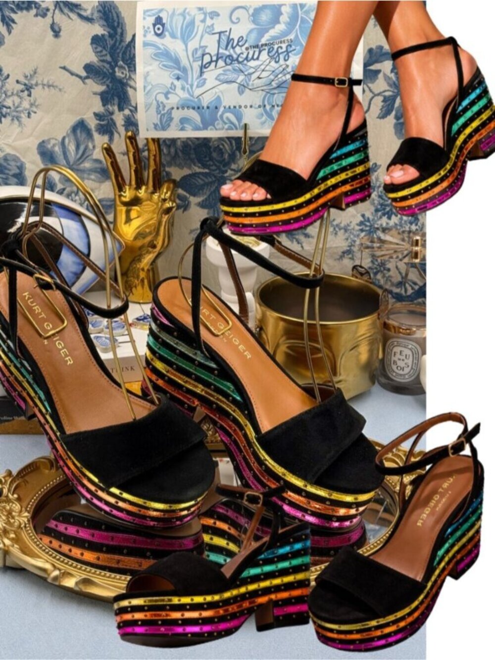 🆕 KURT GEIGER LONDON 🧿 NWOB Shoreditch Rainbow Platform Sandal, Black - Sz US6